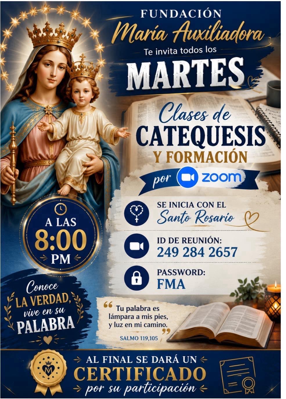 Clases de Catequesis y Formación por Zoom, todos los martes a las 8:00 PM